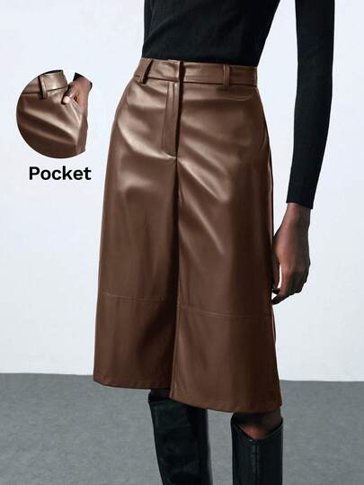 Maija Women's Solid Color Pocket Wide Leg Loose Casual PU Leather Capri Pants, Suitable For Urban Commute, Business, Casual Office, Elegant Attire For Christmas, New Year Party And Gathering,Fall,Fall Clothes For Women  St Patrick's Day Women Easter Summer Outfits Easter Dress Women Party Top Beach Dress Summer Holiday Outfits Each Vacation Outfits For Women  Summer Outfit For Women Going Out Outfits Graduation Graduation Outfit  Casual Dresses  Casual Blouses For Women