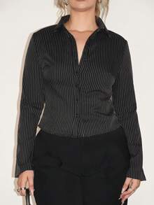 Arliah Áo sơ mi sọc cài nút tay dài thường ngày cho nữ - màu đen - Xem 5