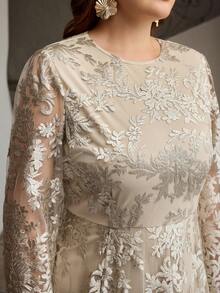 ZEYLAH Embroidered Floral Elegant Long Sleeve Maxi Dress With Waist Cinching And Flared Skirt - Champagne - View 2
