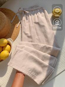 Comfortcana Quần ống rộng dáng suông kẻ sọc bằng cotton, cạp chun, thích hợp cho nữ đi làm hàng ngày và đi nghỉ mát, du lịch, phong cách thường ngày, Y2K, mùa hè, xuân, ngày Valentine. - Màu be - Xem 6