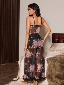 Slumberist Bộ jumpsuit hai dây hở lưng cổ chữ V, họa tiết hoa màu đen gợi cảm dành cho nữ, chất liệu lưới xuyên thấu và ren, phối ren. - màu đen - Xem 2