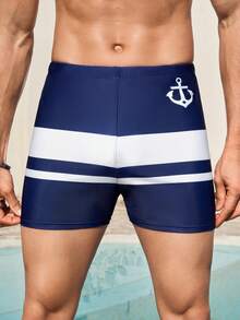 Manfinity KASUA 男士撞色条纹修身休闲沙滩泳裤 - 藍色 - 查看 2