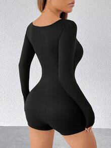 SHEIN PETITE Women'S Square Neck Unitard Romper - Black - View 2