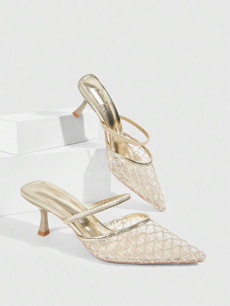 CUCCOO SZL Women's Fashion Casual Pointed Toe Mule Shoes, Mesh Patchwork High Heel Sandals, Lightweight High Heel Slippers For Wedding, Party, Banquet, Height Increasing Valentine's Day