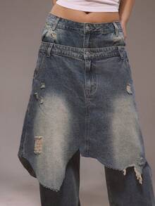 MUSERA Distressed Layered Double Skirt Detail Jeans Winter Streetwear Going Out Casual Western Born Faded - Medium Wash - View 2