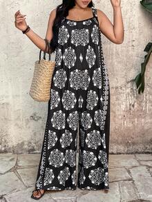 EMERY ROSE Black & White Classic Sleeveless Jumpsuit With Vintage Floral Print, Wide Leg Plus Size - Black - View 5