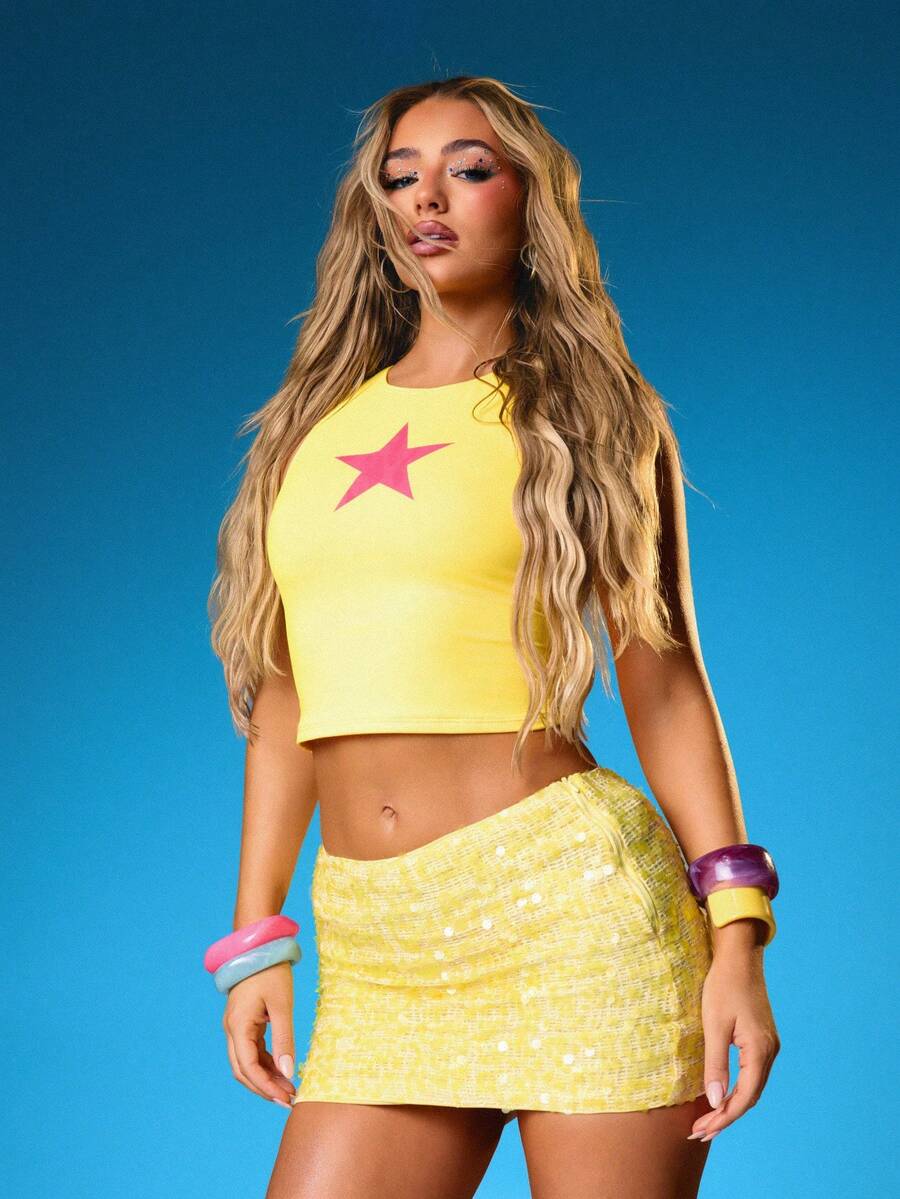 MISSGUIDED 亮片装饰高腰迷你裙，闪亮派对夜店紧身修身晚礼服，尽显魅力节日假日庆典风情。 - 黃色 - 查看 1