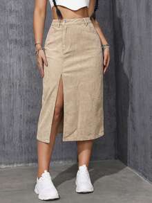 SHEIN ICON Minifalda de mezclilla casual con bolsillo en diagonal y abertura hasta el muslo de unicolor para mujer - Caqui - Ver 4