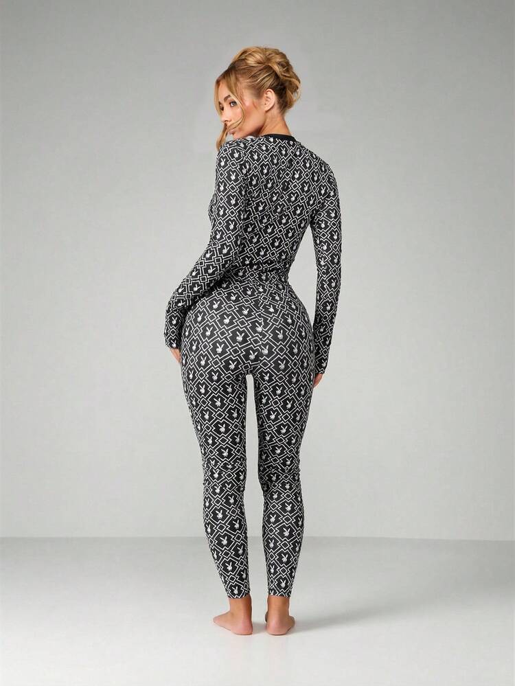 Missguided x Playboy Printed Long Sleeve Crop Top And Legging Lounge Set With Geometric Logo Pattern, Boho Outfit