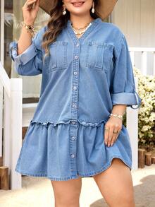 EMERY ROSE Đầm denim tay lửng màu xanh nhạt, không co giãn, dáng rộng thoải mái, cỡ lớn dành cho nữ. - Rửa nhẹ - Xem 1