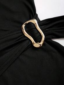 Sweetra Đầm ngắn ôm sát màu nâu, chất liệu vải dệt kim co giãn cao, khóa kim loại trang trí, cổ tròn, không tay, có bèo nhún bên hông và thắt eo, thanh lịch, thích hợp cho tiệc tùng, công sở, phong cách vintage, tối giản, đa năng, mọi mùa. - màu đen - Xem 3
