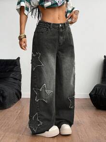 Coolane Women's Minimalist Everyday Denim Jeans With Star Pattern - Black - View 5