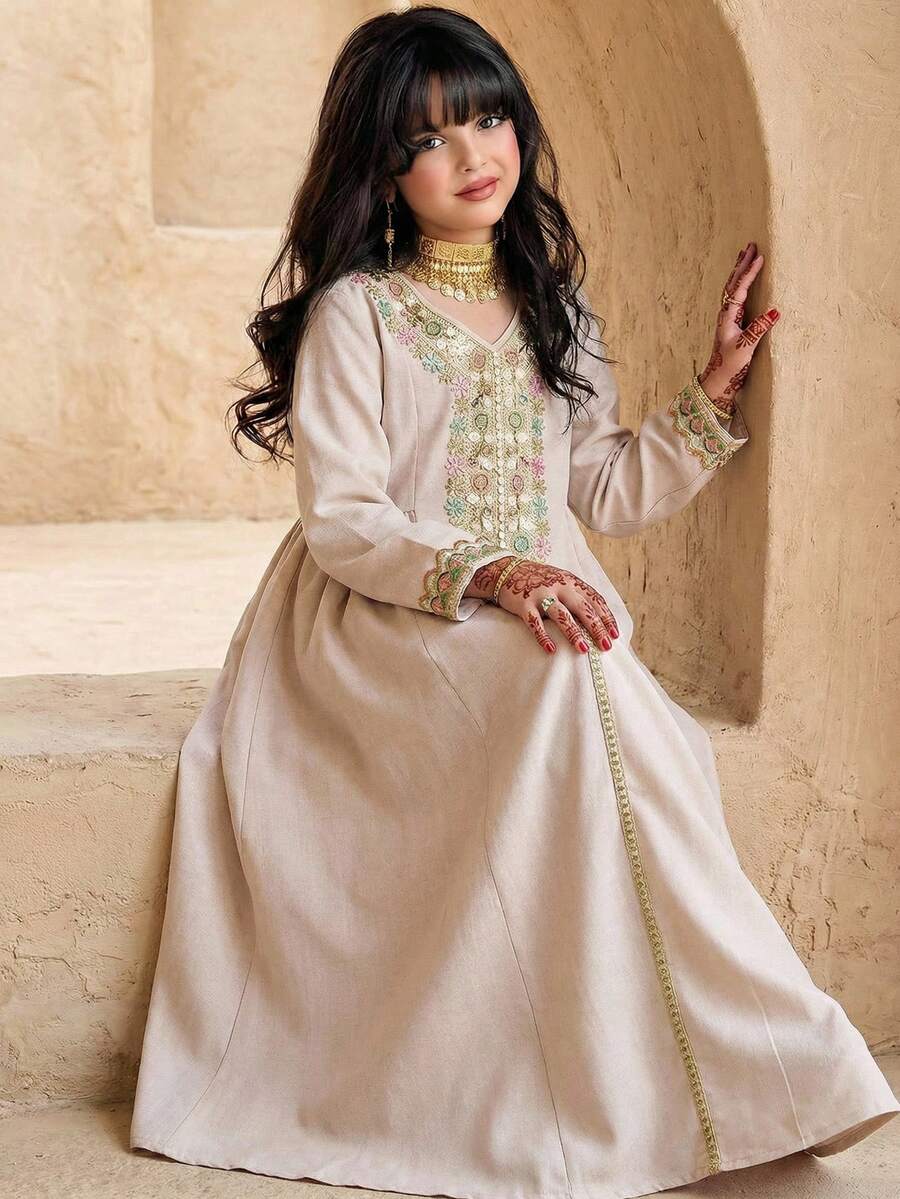 SHEIN Tween女孩中東風米色秋季優雅婚禮賓客Al-Adha V領長袖洋裝，姐妹兄弟套裝，復古時尚 - 杏色 - 查看 1