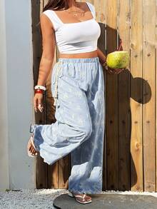 Sunnyshic Casual Embroidered Bohemian Wide Leg Pants For Women, Suitable For Home, Commute And Leisure - Blue and White - View 4