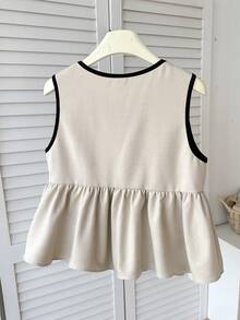 SHEIN Tween女孩春夏休閒都市優雅通勤度假拼接飾邊3D蝴蝶結裝飾開襟上衣 梭織素色上衣 卡其色 - 卡其色 - 查看 2