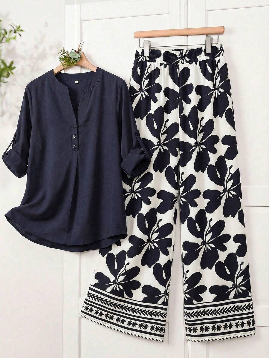 SHEIN LUNE 女士V领纽扣长袖上衣搭配印花阔腿裤休闲套装 - 彩色 - 查看 1
