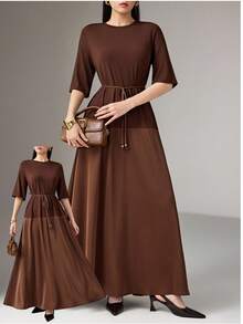 Heiryn Women's Solid Color Round Neck Short Sleeve Casual Dress - Brown - View 1