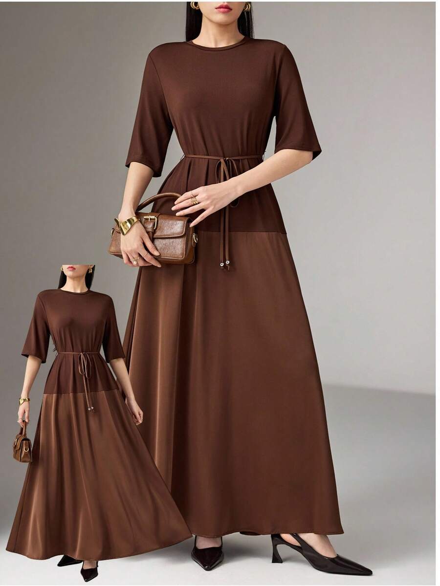 Heiryn Women's Solid Color Round Neck Short Sleeve Casual Dress - Brown - View 1