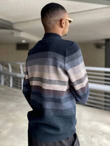 Ngobest Haus Ngobest Haus Men's Autumn/Winter Half-Zip Collar Striped Casual Pullover Sweater, Business Commute Simple Style, Long Sleeve Top - Navy Blue - View 2