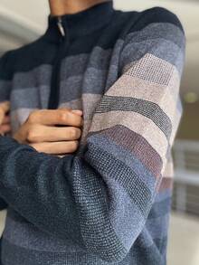 Ngobest Haus Ngobest Haus Men's Autumn/Winter Half-Zip Collar Striped Casual Pullover Sweater, Business Commute Simple Style, Long Sleeve Top - Navy Blue - View 4