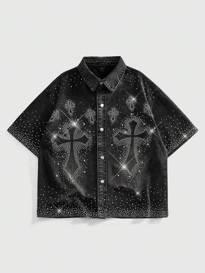 ROMWE MEN Street Life Herren Lässig Mode Street Cross Strass gewaschenes Denim Kurzarmhemd, Sommer