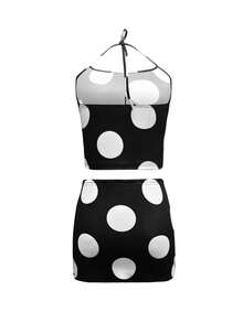 SHEIN EZwear 女士黑白撞色波尔卡圆点吊带上衣和荷叶边下摆短裙 2 件套 - 彩色 - 查看 2