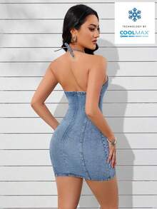 SHEIN ICON Đầm denim ôm sát gợi cảm, hở lưng, thắt nơ, thích hợp cho kỳ nghỉ hè dành cho nữ. - Màu xanh bụi bặm - Xem 2