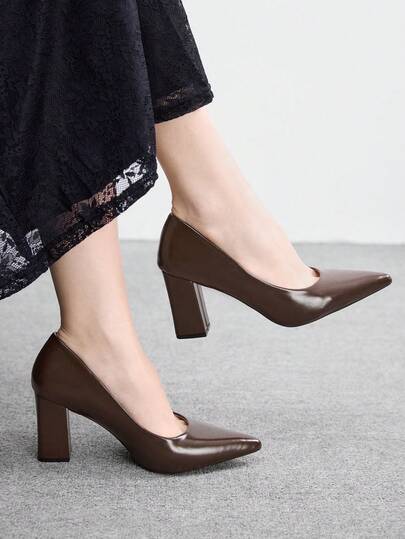 CUCCOO BIZCHIC Women's Solid Color Comfortable Chunky Heel Slip-On Pumps Valentine's Day