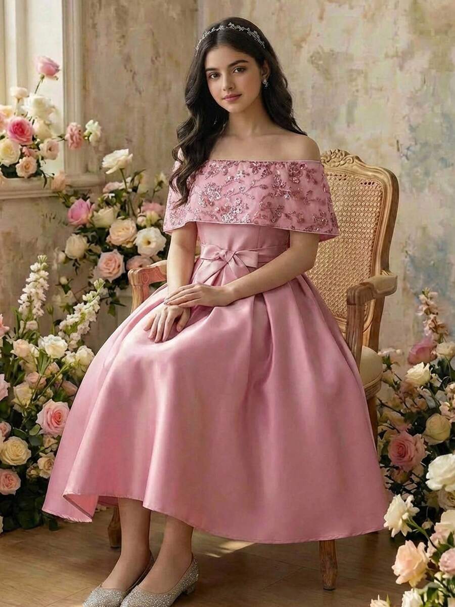 Pitira 少女派对礼服纯色缎面露肩网纱串珠刺绣腰部连衣裙，优雅公主风，适合正式场合、派对、生日、日常穿着、节日、家庭聚会和特殊活动，姐妹装，可爱、优雅、甜美复古风，适合返校季、优雅派对、约会、通勤，也适合婚礼、生日派对、舞会、伴娘礼服、正式晚礼服、毕业典礼、春节等场合。 - 粉色 - 查看 1