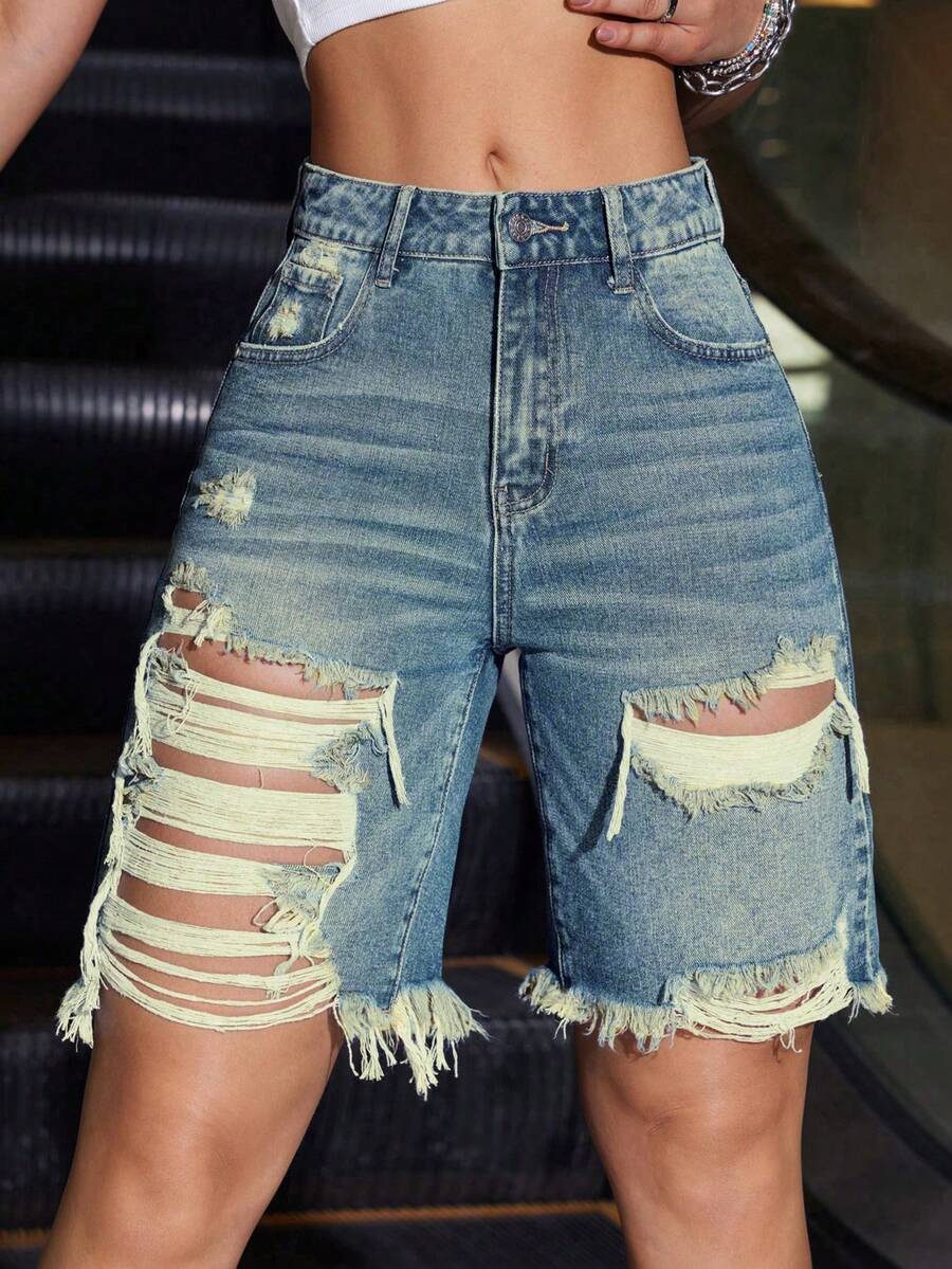 SHEIN ICON Quần short denim nữ kiểu dáng thường ngày, rách nhẹ, có túi xéo, thích hợp cho mùa hè. - Rửa trung bình - Xem 1