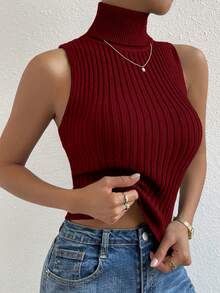 SHEIN Unity Women's Turtleneck Ribbed Fitted Versatile Knit Top, Suitable For Dates And Outings - Red - View 5