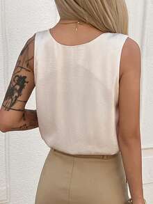 DAZY Women's Solid Color V-Neck Metal Button Elegant Vacation Summer Tank Top Cruise For Women Halter Top - Apricot - View 2