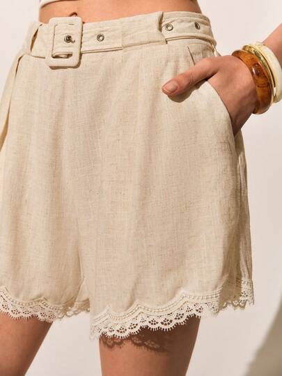 Poéselle Women's Summer Casual Vacation & Commute Contrast Lace Loose Shorts With Pockets And Belt