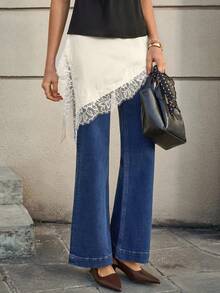 Cévolie Women's Asymmetrical Hem Lace Patchwork A-Line Skirt - Apricot - View 4