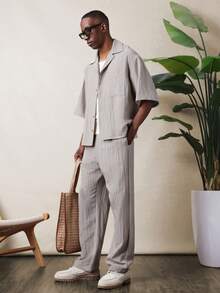 SUMWON 男士宽松亚麻套装，短袖纽扣衬衫搭配休闲裤，夏季休闲两件套，度假休闲服 - 杏色 - 查看 1