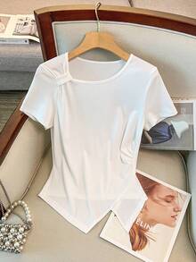 GlowEve Women's White Knitted Ribbed Twist Collar Short Sleeve Side Ruched Hem Slit Summer New Fashionable Commuter Versatile Elegant Daily T-Shirt - White - View 1