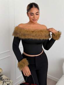 Maria Perezxox Fluffy Collar Splice Off Shoulder Long Sleeve T-Shirt, Fashionable And Elegant, Autumn/Winter - Multicolor - View 1