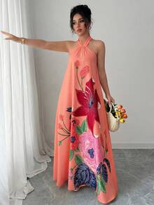 Elenzga Vestido floral sin mangas con lazo y corte evasé, elegante y romántico para vacaciones - Rosa coral - Ver 4