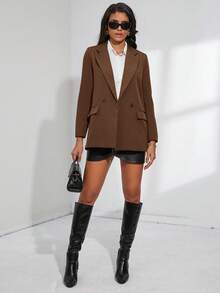 Aveloria Modichic Classic Double Breasted Lapel Neck Blazer - Coffee Brown - View 4