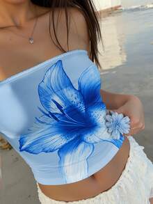 Aloruh 女士休闲百合花图案抹胸露脐上衣，适合夏季、海滩度假、音乐节等场合 - 彩色 - 查看 1