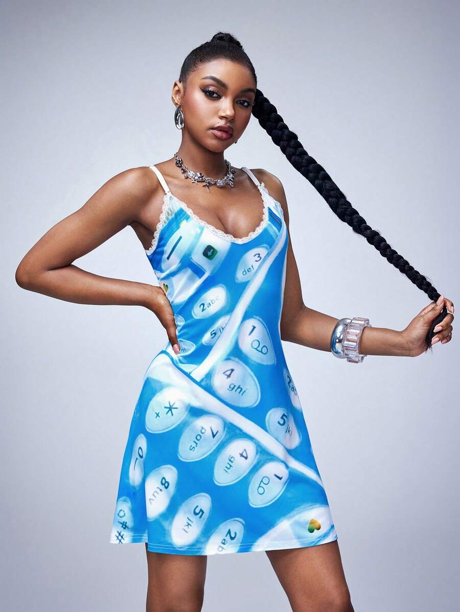 Y2Kool Maria Clara Maia Women's Blue Sexy Y2K Girly Casual Fashion Button-Up Retro Print Spaghetti Strap Dress, Summer Style - Blue - View 1