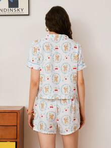 Chillnights Cartoon Bear & Cherry Print Contrast Color Collar Short Sleeve Women Pajama Set - Multicolor - View 2
