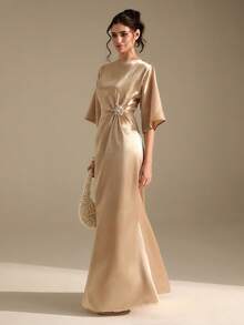 CLARA VERO Women's Satin Rhinestone Decor Asymmetrical Ruffle Hem Dress - Champagne - View 6