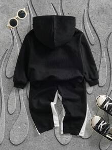 SHEIN HOT STUFF Baby Boy Casual Flame & Cartoon Pattern Hoodie Sweatshirt And Sweatpants Set, Autumn - Black - View 2