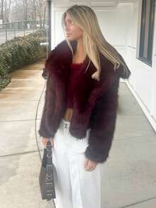 Sydney Algeri Women's Elegant Faux Fur Coat In Fall/Winter,New Year Clothes,Christmas Women's Clothing,Women's Winter Clothes,Women's Winter Coat,Winter Clothes For Women,Autumn Clothing For Women,Fall Outfits For Women,Autumn Clothes,Fall Clothes For Women,Casual,Business Commuting,Burgundy Coat,Ancora Red Faux Fur Coat,Wine Red Caot,Old Money Style,Simple Solid Color Coat - Burgundy - View 5