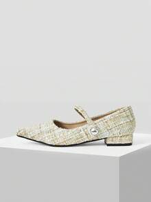 Mnmlis 女士新款灰色法式低跟尖头简约时尚羊毛玛丽珍鞋 - 米杏色2 - 查看 3