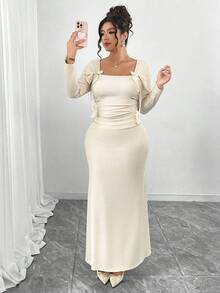 Elenzga Plus Size Soft Knit Fabric V-Neck Long Sleeve Waist Pleated Ruched Fishtail Hem Bow Decor Dress, Elegant For Outings, Gatherings, Dates, Formal Events - Apricot - View 4