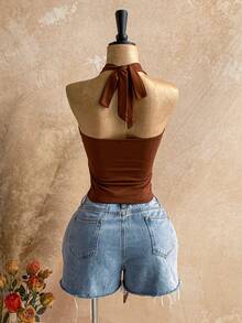 Soleia Áo kiểu lấp lánh cho kỳ nghỉ xuân của phái nữ, thiết kế hình sao biển thắt nút, xếp ly, thời trang, đa năng, thích hợp cho hẹn hò và đi chơi. - Màu nâu  Mocha - Xem 4