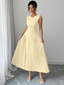 Rafferiza Abito a-line plissettato senza maniche con collo alla coreana, design minimalista, adatto per primavera/estate - Giallo chiaro - Visualizzare 4