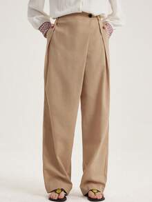 Aveloria Modichic 时尚设计感休闲通勤中腰不对称腰长裤 - 卡其色 - 查看 4